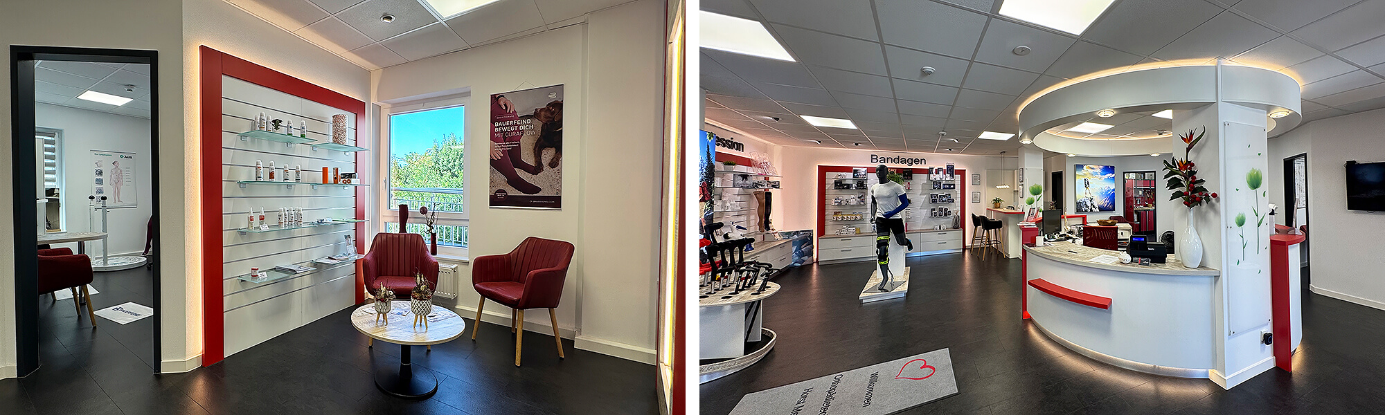 Innenansicht des Sanitätshauses mit einem gemütlichen Wartebereich inklusive roter Sessel und einer Übersicht des Verkaufsraums mit medizinischen Hilfsmitteln.