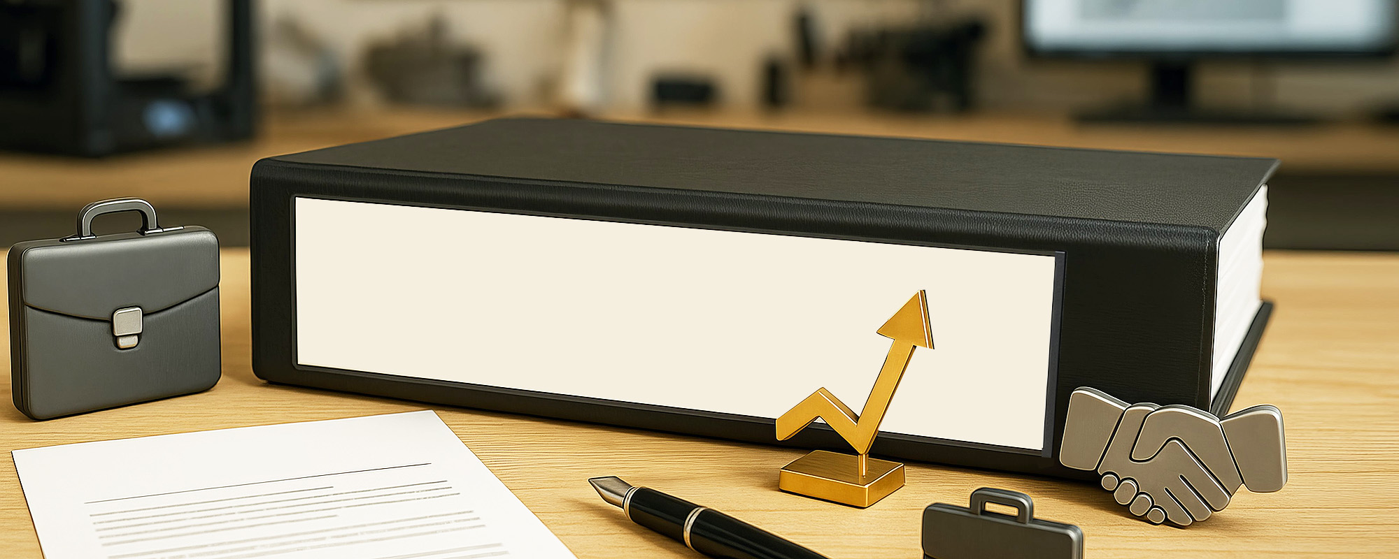 Schwarzer Aktenordner mit aufsteigendem Pfeil, Handschlag-Symbol und Dokumenten als Sinnbild für Karriere und Wachstum
