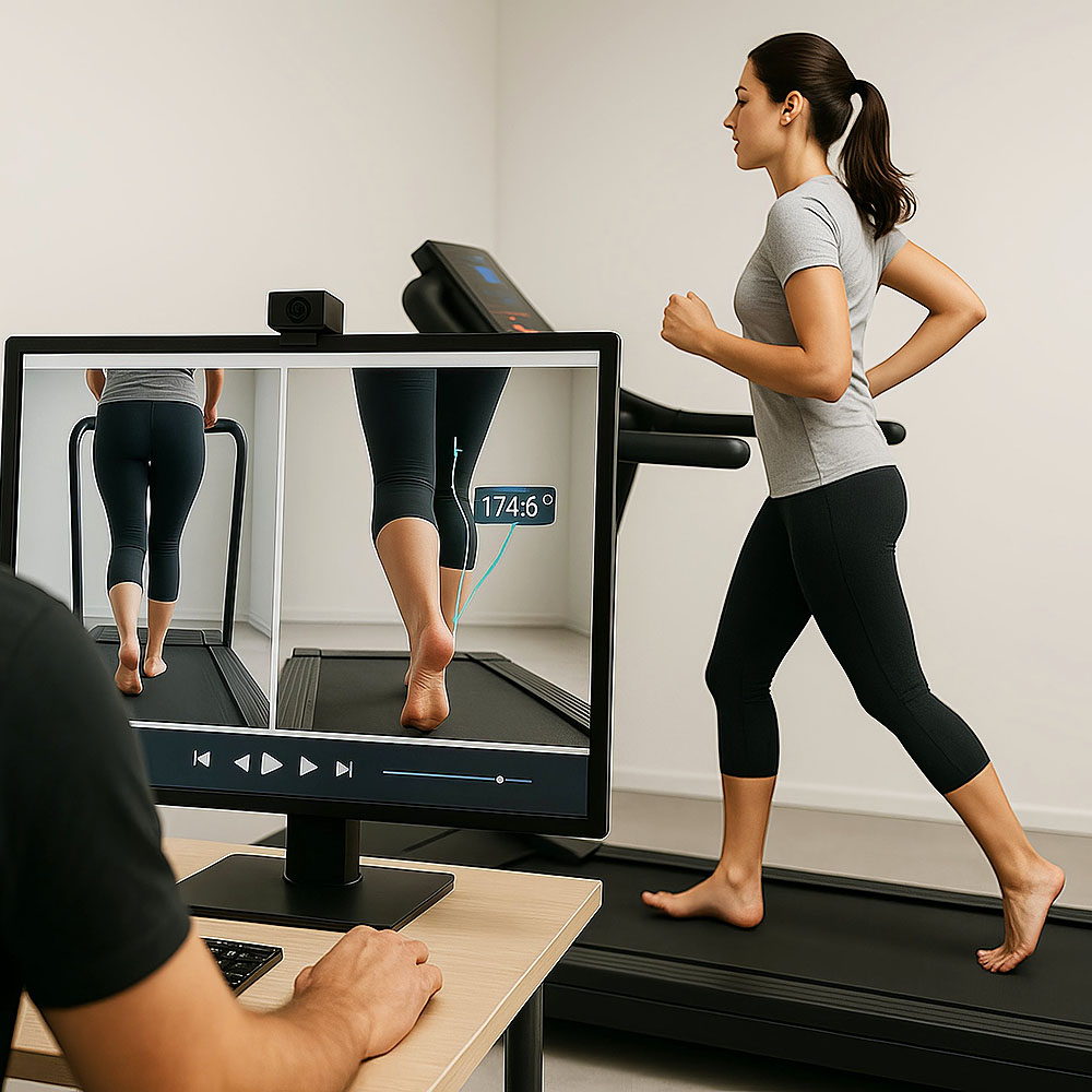 Frau läuft barfuß auf einem Laufband, während eine Video-Ganganalyse mit Winkelmessung des Fußes auf einem Monitor ausgewertet wird