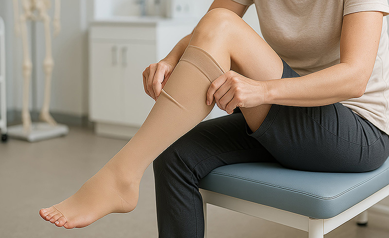 Anziehen eines medizinischen Kompressionsstrumpfs im Sitzen als Beispiel für die Anwendung im Alltag.